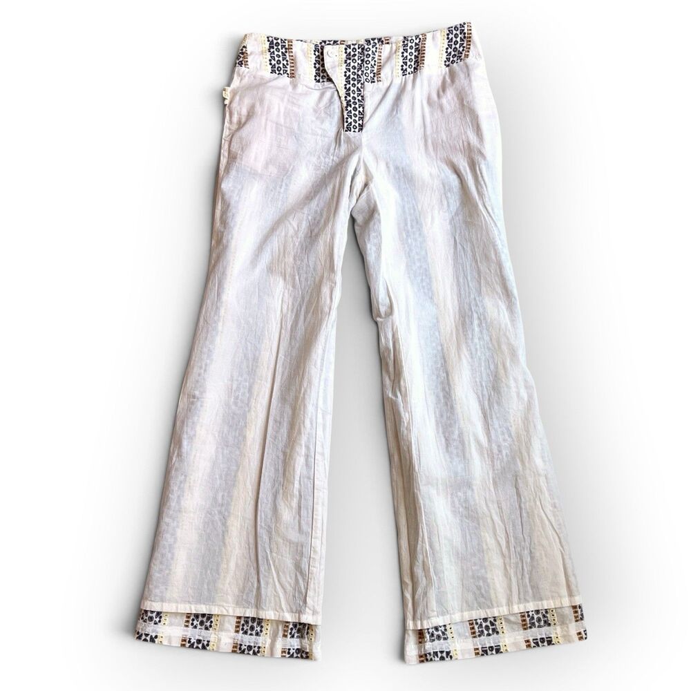 Anthropologie Eyelet Pants 8 Linen Cotton Striped Wide Leg Trousers Boho White - Picture 7 of 8
